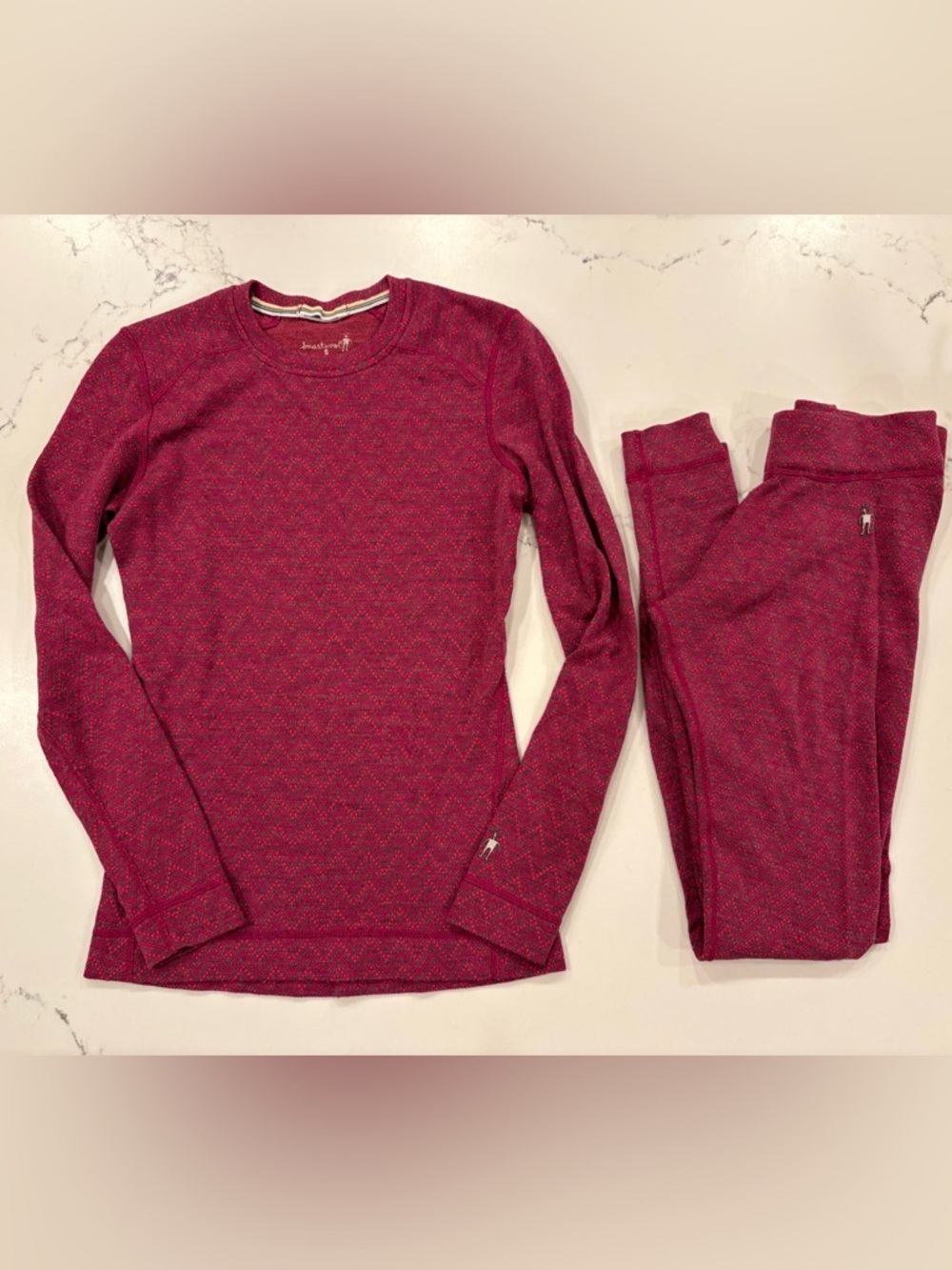 Smartwool 100% Merino Wool Midweight Base Layer Long Sleeve Set Pink Chevron